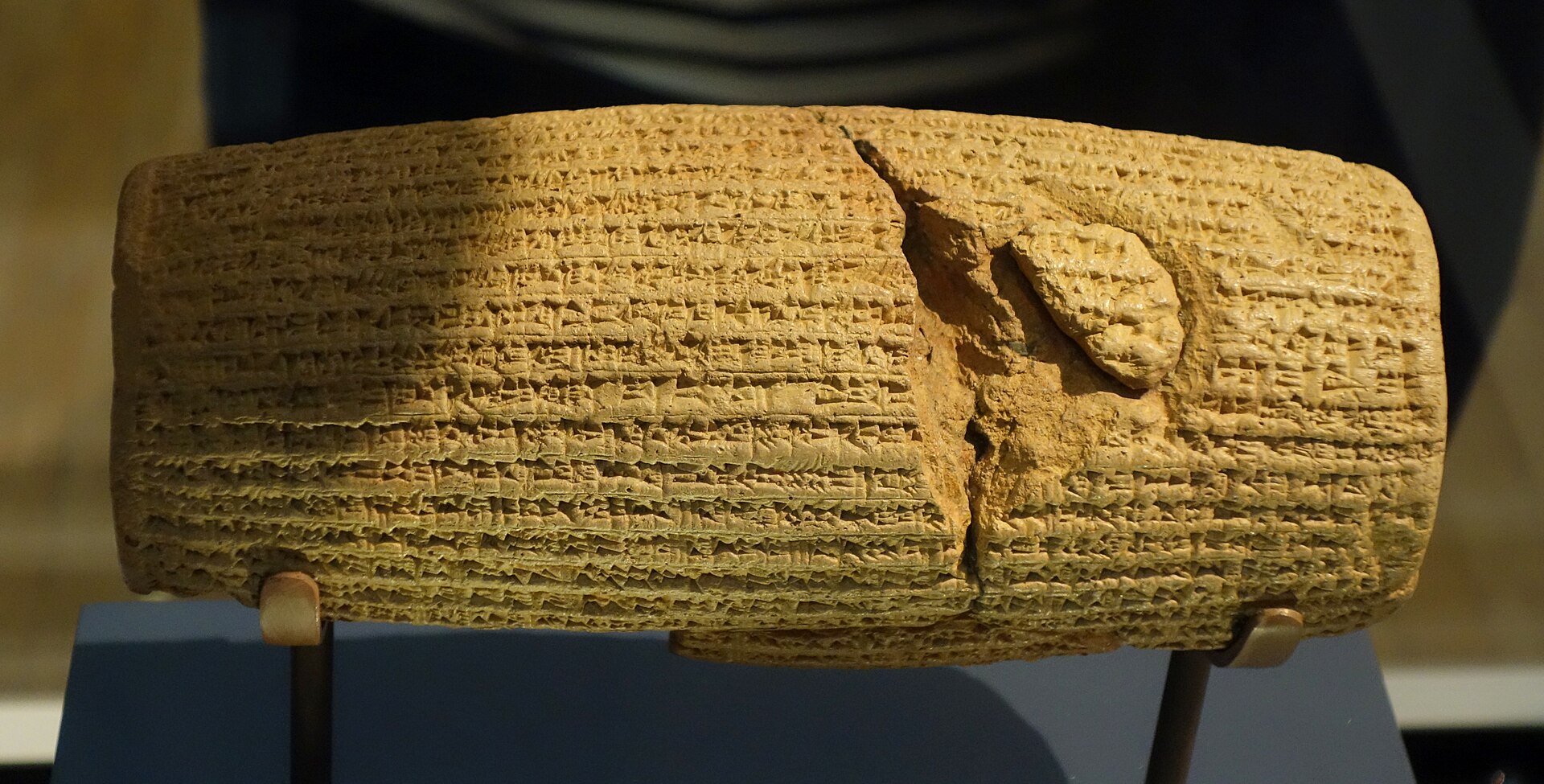 The Cyrus Cylinder, mid-6th century BC — Cyrus the Great's own foundation deposit describing his policy of returning exiled peoples and restoring their temples, discovered at Babylon in 1879. British Museum, London.