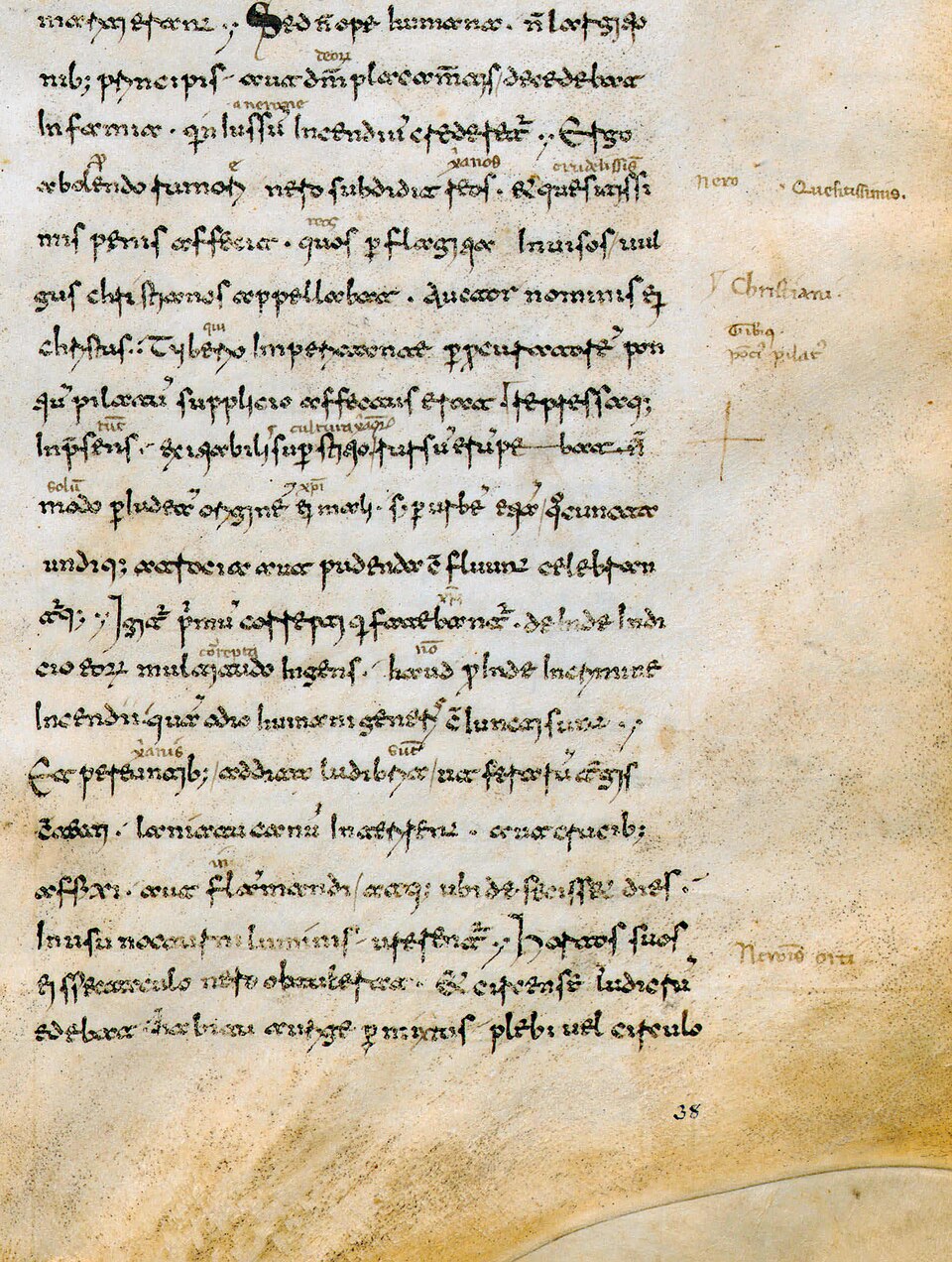 A page from the Second Medicean manuscript of Tacitus's Annals (Biblioteca Medicea Laurenziana, Florence), preserving book 15 — the passage recording that Christus was executed under Pontius Pilate. Marginal notes read Christiani and Christus.