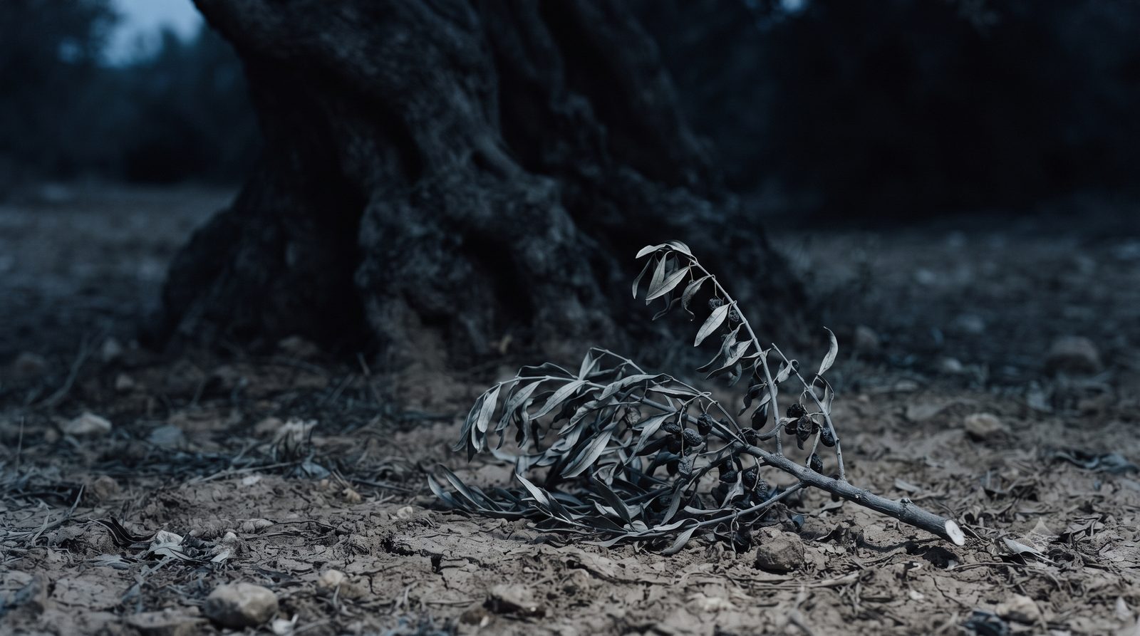 A broken olive branch lies fallen at the foot of an ancient tree