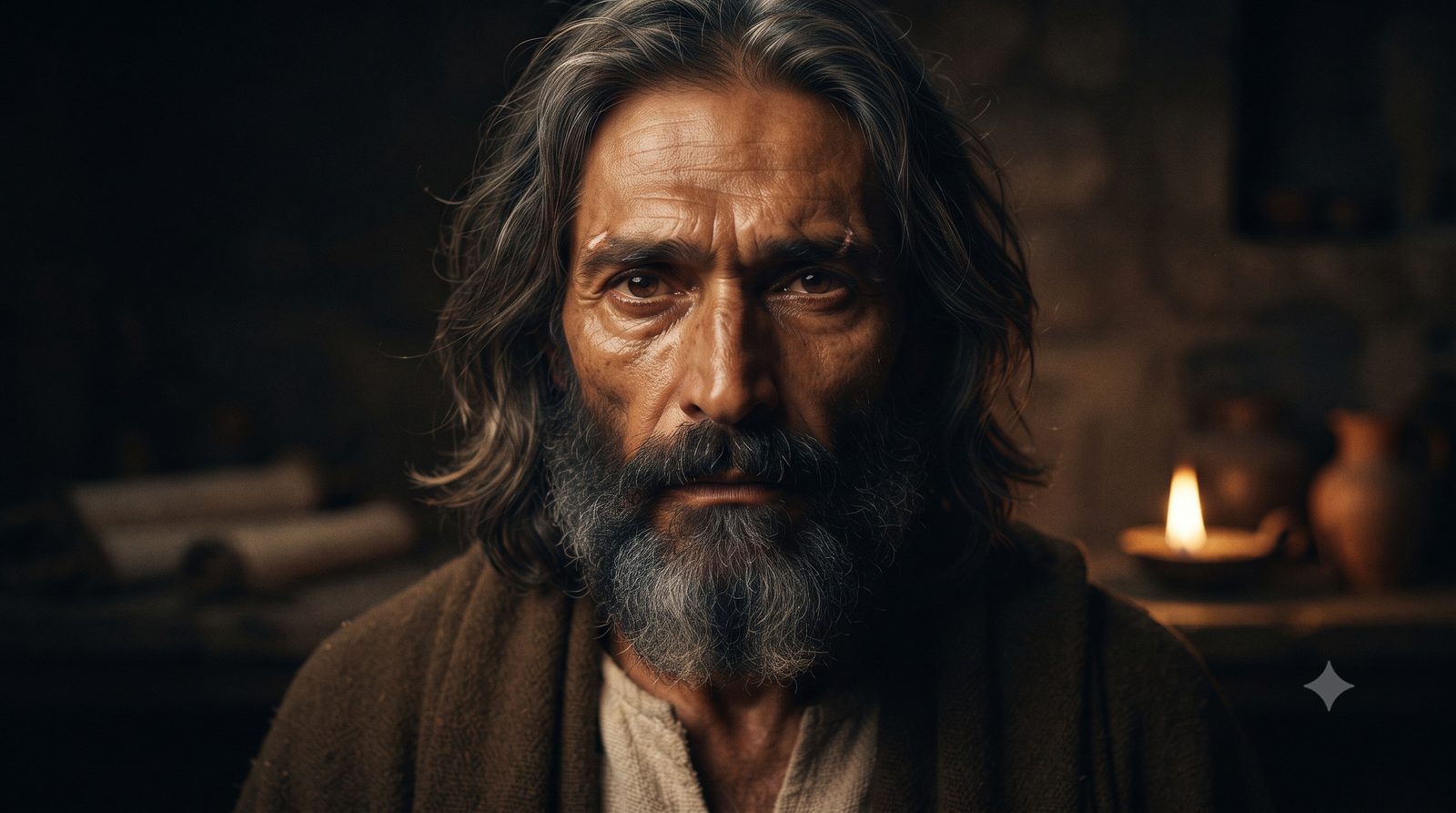 A weathered, sorrowful face lit by a single candle in a dark room