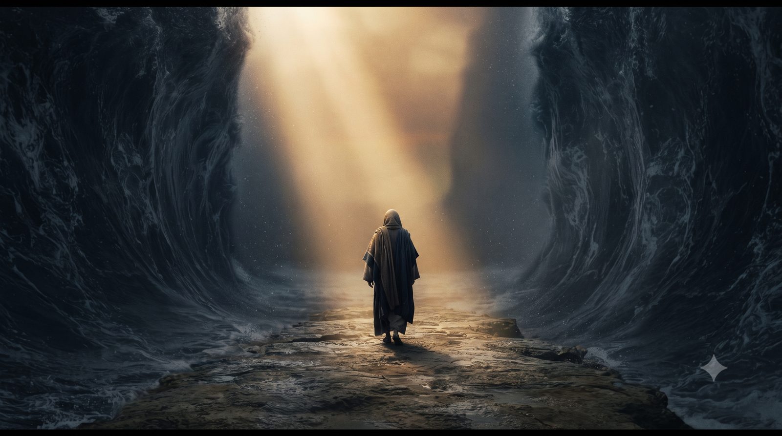 A lone robed figure walks a narrow path between towering dark waves, toward a light