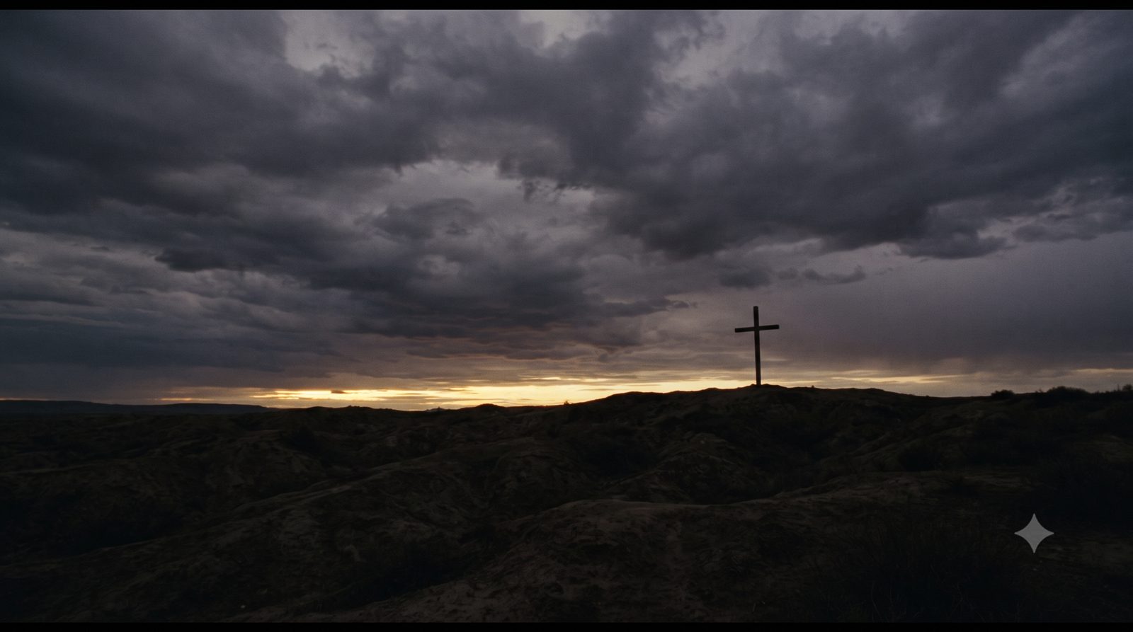 A lone cross stands silhouetted on a hilltop at dusk under heavy clouds