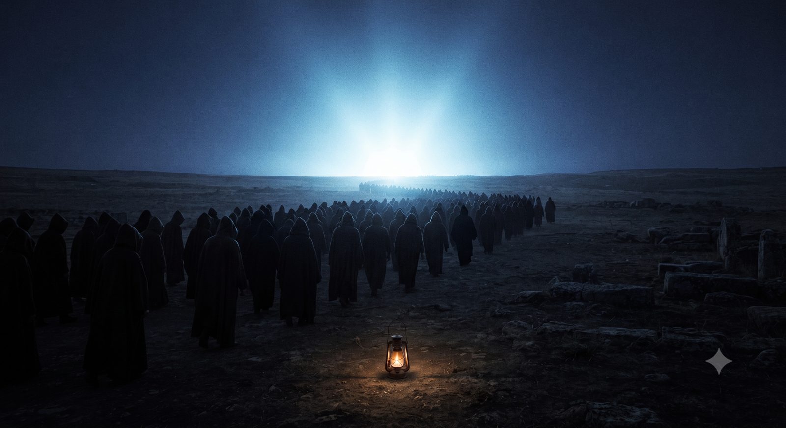 A long line of hooded figures walks through the night desert toward distant light, a single lantern glowing in the foreground