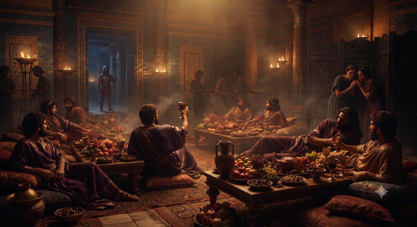 A lavish ancient banquet hall, guests reclining at a feast as a guard stands watch in the doorway