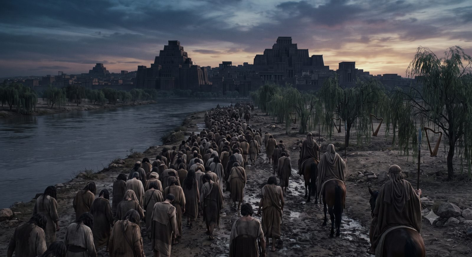 Exiles walk beside a river past hanging harps, an ancient city silhouetted ahead